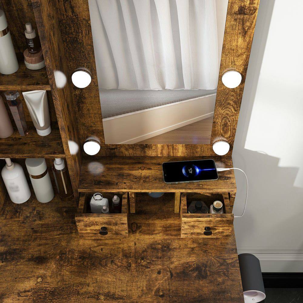 Alt View 1. Kadyn - Adjustable LED Mirror Vanity Desk with Power Outlet and Stool - Vintage - Brown.