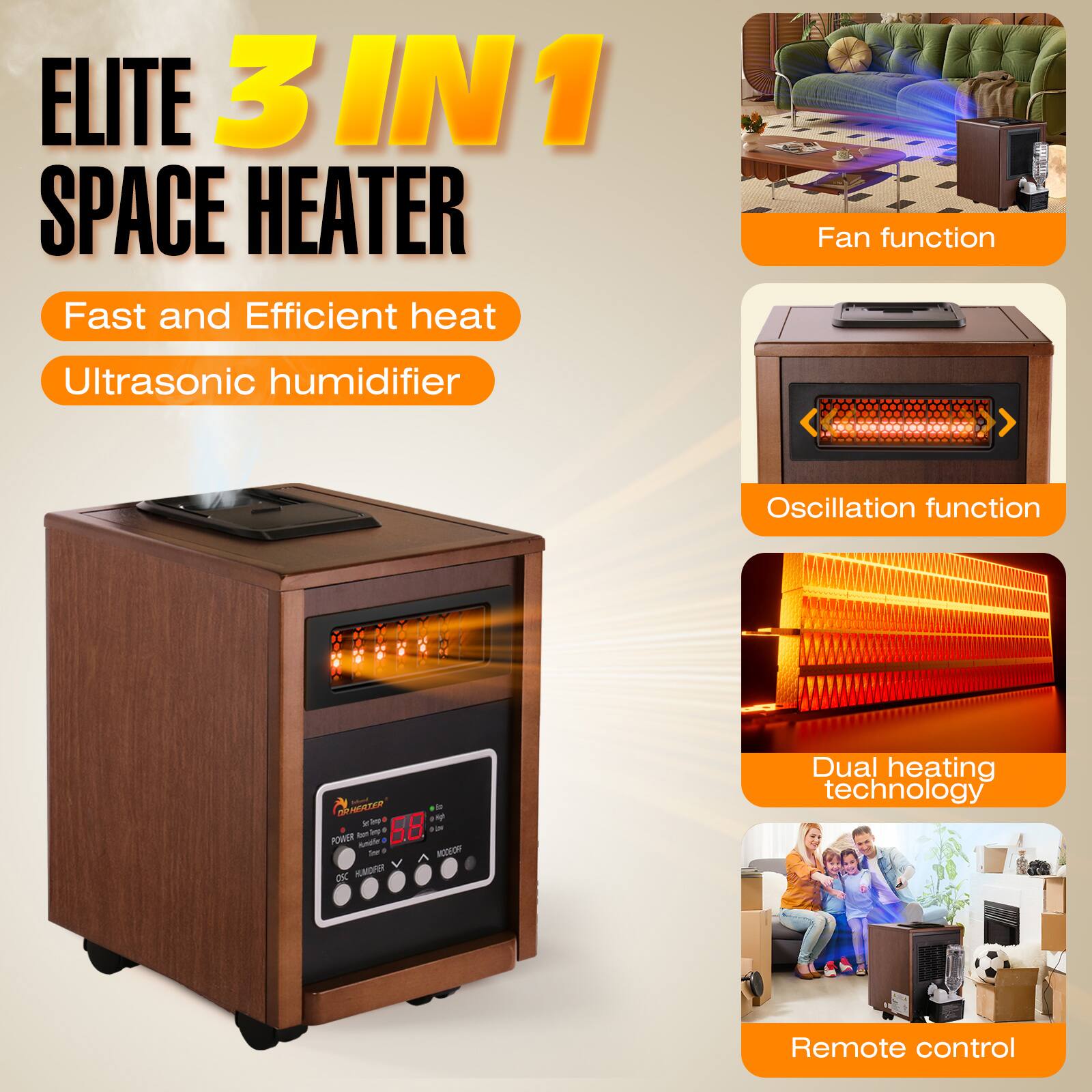 ELITE 3 IN 1 SPACE HEATER

- Fast and Efficient heat
- Ultrasonic humidifier
- Fan function
- Oscillation function
- Dual heating technology
- Remote control