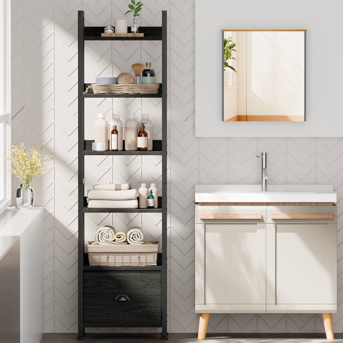 Angle. Furnulem - 6 Tier Industrial Storage Bookshelf with Fabric Drawer for Bedroom Living Room Home Office - Black.