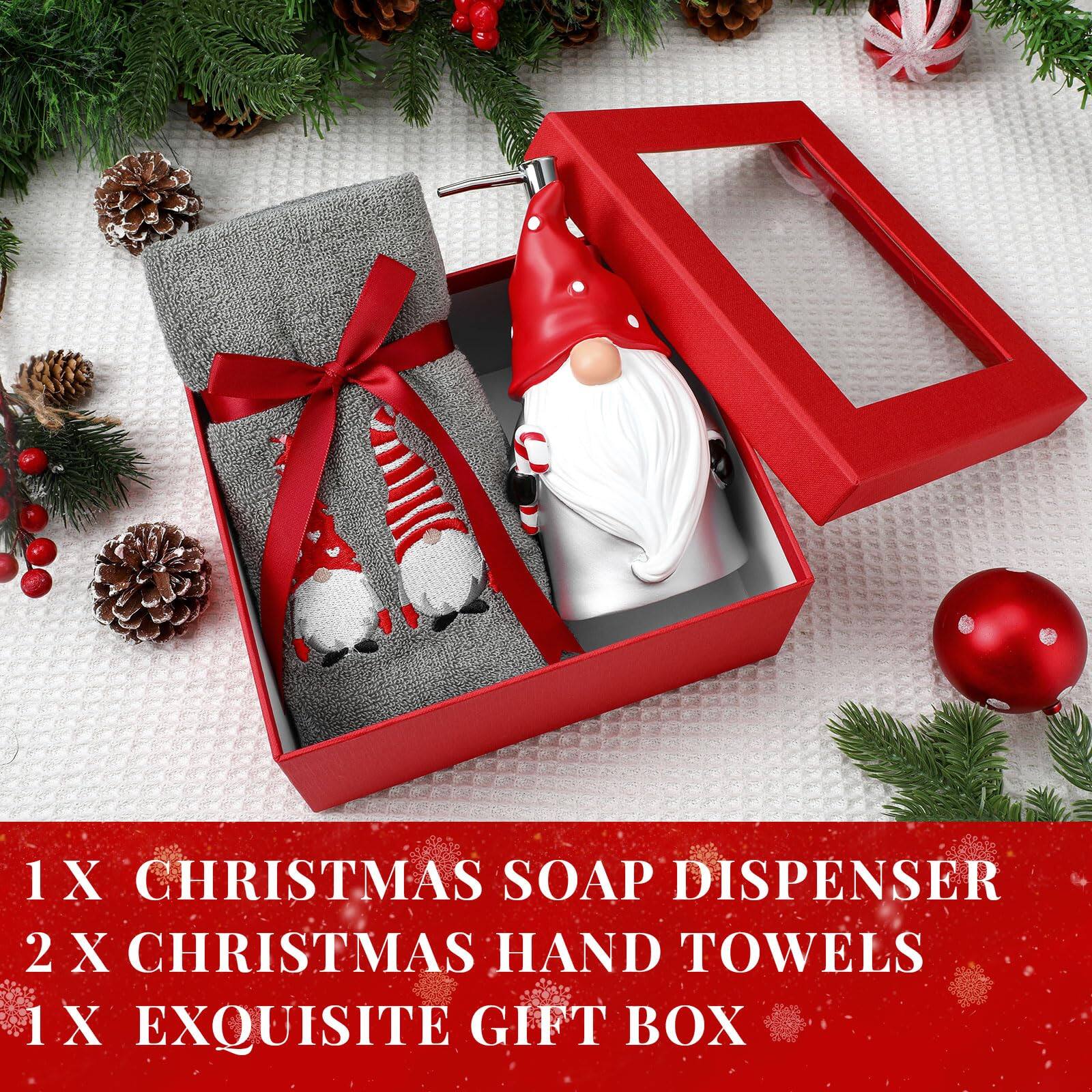 1 X CHRISTMAS SOAP DISPENSER  
2 X CHRISTMAS HAND TOWELS  
1 X EXQUISITE GIFT BOX