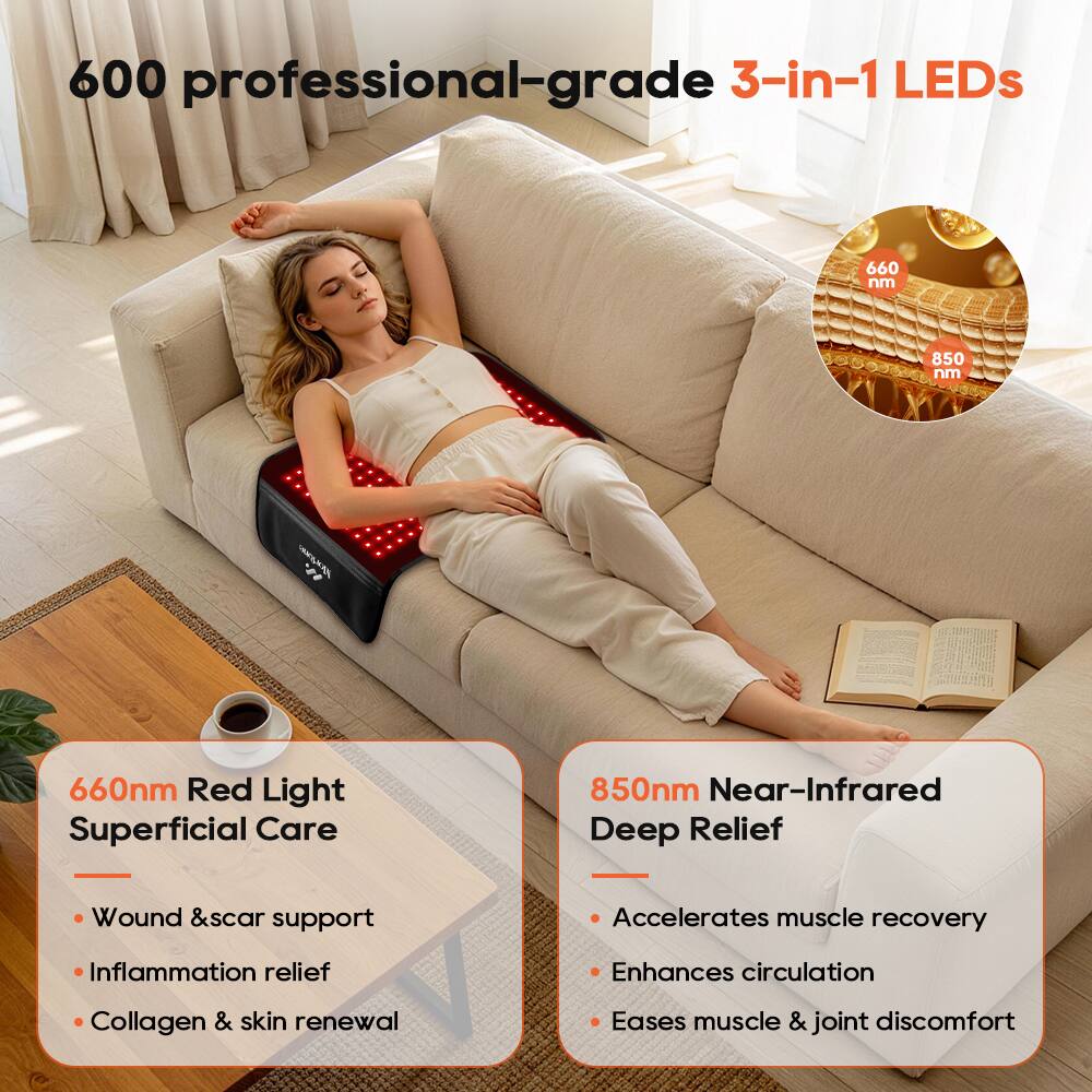 600 professional-grade 3-in-1 LEDs

660 nm Red Light Superficial Care
- Wound & scar support
- Inflammation relief
- Collagen & skin renewal

850 nm Near-Infrared Deep Relief
- Accelerates muscle recovery
- Enhances circulation
- Eases muscle & joint discomfort