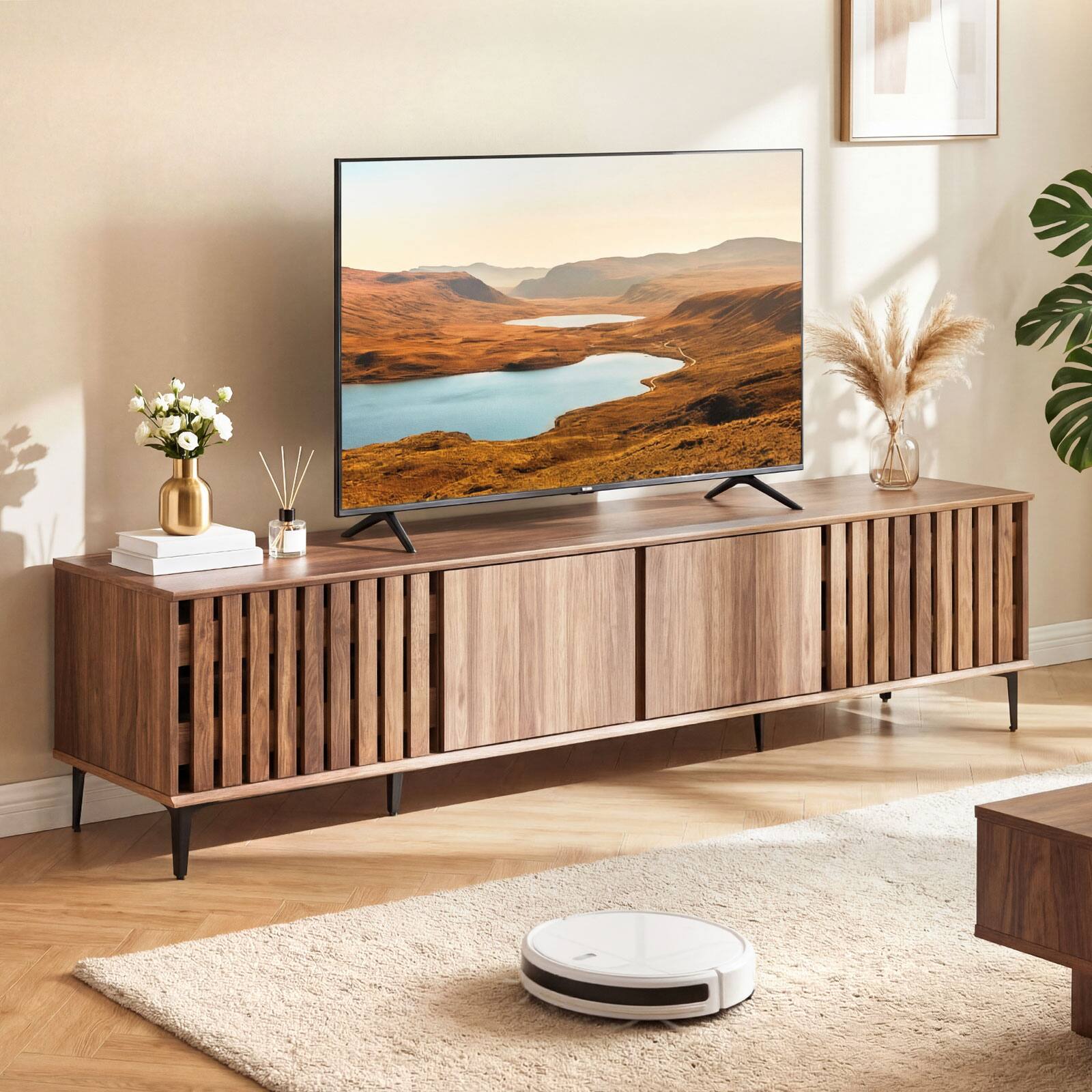 Alt View 4. Costway - Costway 4-Door TV Stand for 80 Inches TVs, Mid Century Modern Entertainment Center - Walnut.