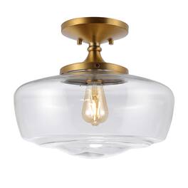 Jonathan Y - Marfa 14" 1-Light Modern Farmhouse Schoolhouse Frosted Glass/Metal LED Semi Flush Mount - Brass Gold
