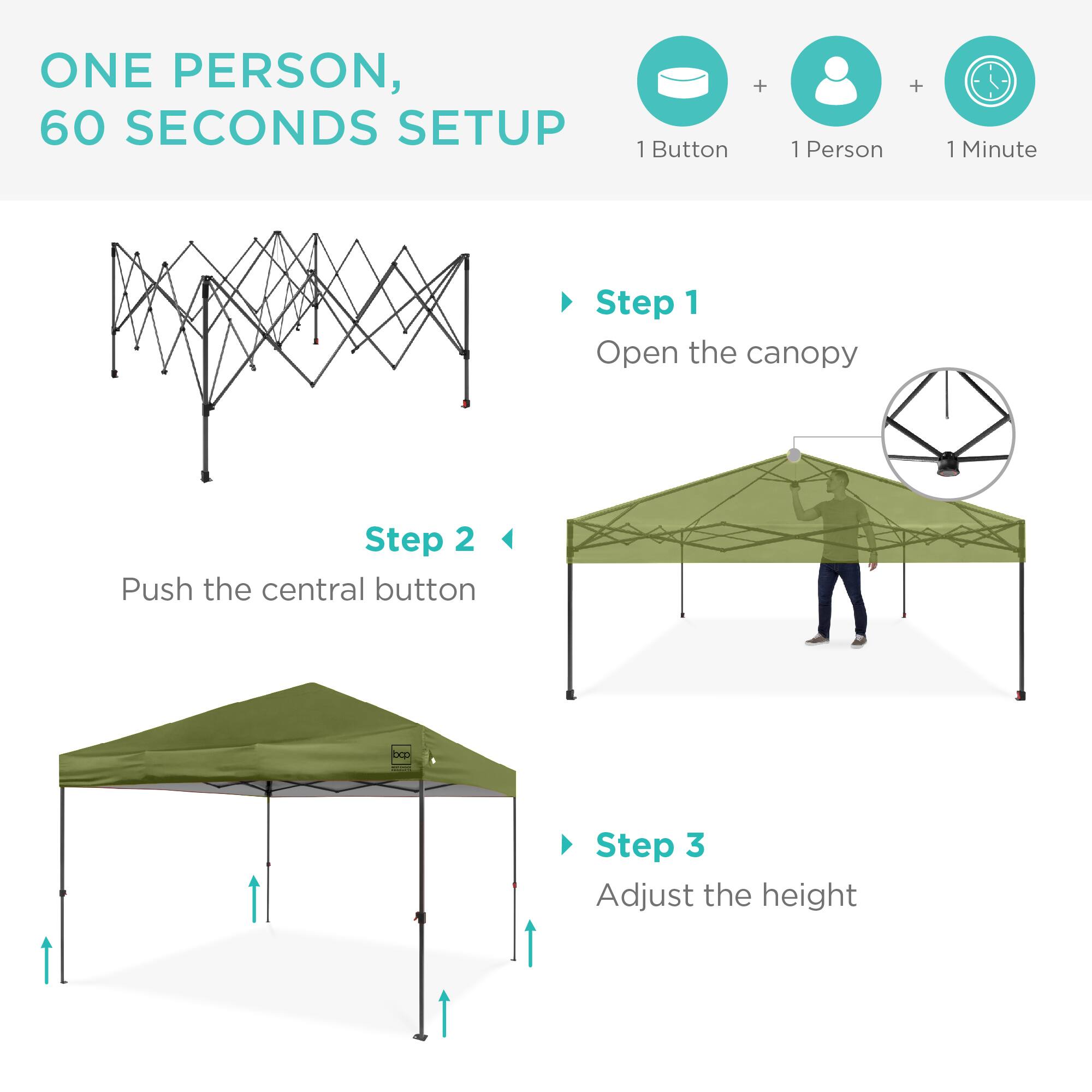 ONE PERSON, 60 SECONDS SETUP

1 Button + 1 Person + 1 Minute

Step 1
Open the canopy

Step 2
Push the central button

Step 3
Adjust the height