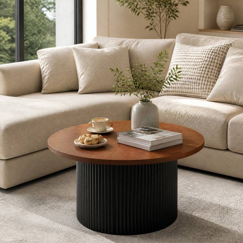 Angle. WELLFOR - 32 " Modern Round Coffee Table with Solid Wood Frame and Wooden Top, Wooden Center Table for Living Room - Walnut.