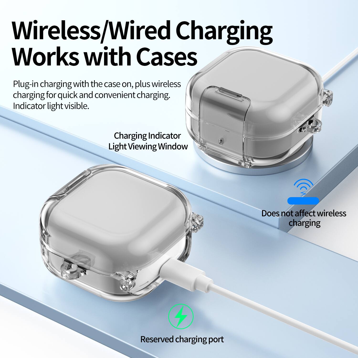 Wireless/Wired Charging Works with Cases

Plug-in charging with the case on, plus wireless charging for quick and convenient charging. Indicator light visible.

Charging Indicator Light Viewing Window

Does not affect wireless charging

Reserved charging port