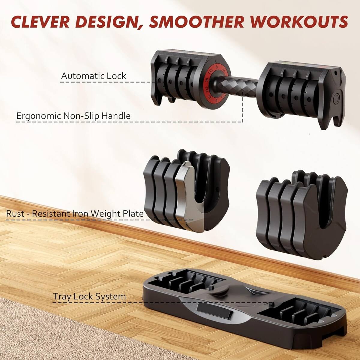 CLEVER DESIGN, SMOOTHER WORKOUTS

Automatic Lock

Ergonomic Non-Slip Handle

Rust-Resistant Iron Weight Plate

Tray Lock System