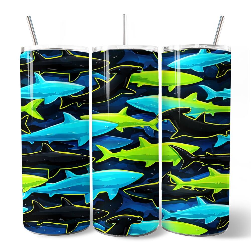 Front. OrnamentallyYou - Neon Shark Camo 20oz Tumbler With Lid and Stainless Steel Straw, Marine Animal Pattern Gift Cup - Multicolored.