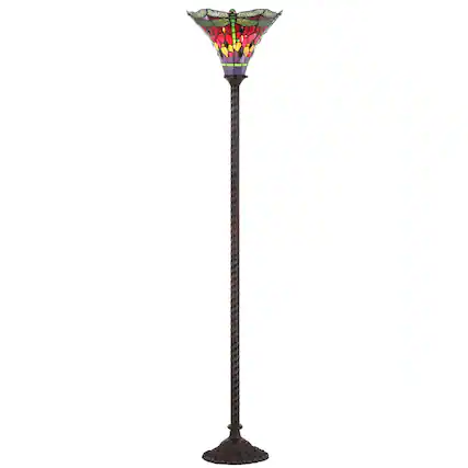 Front. Jonathan Y - Dragonfly Tiffany-Style 71" Torchiere Floor Lamp, Bronze/Green - Bronze.