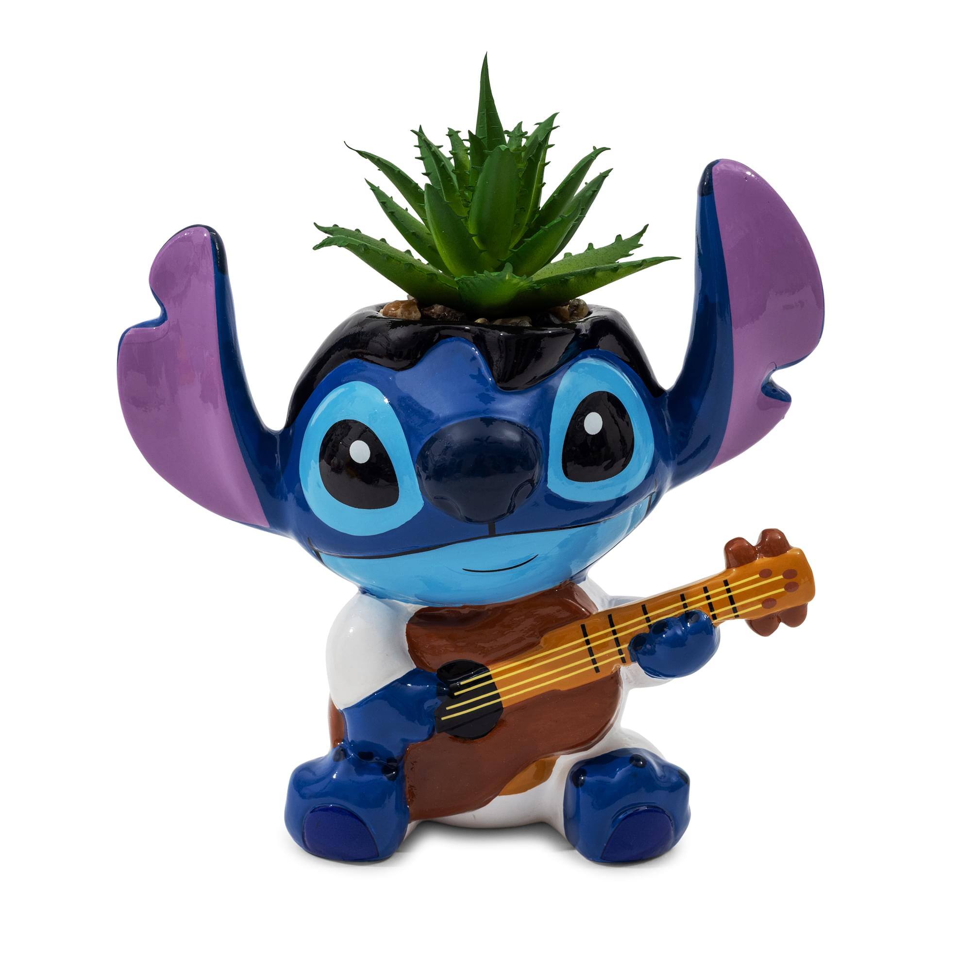 Front. Silver Buffalo - Disney Lilo & Stitch Elvis 6-Inch Ceramic Mini Planter With Artificial Succulent - Blue.