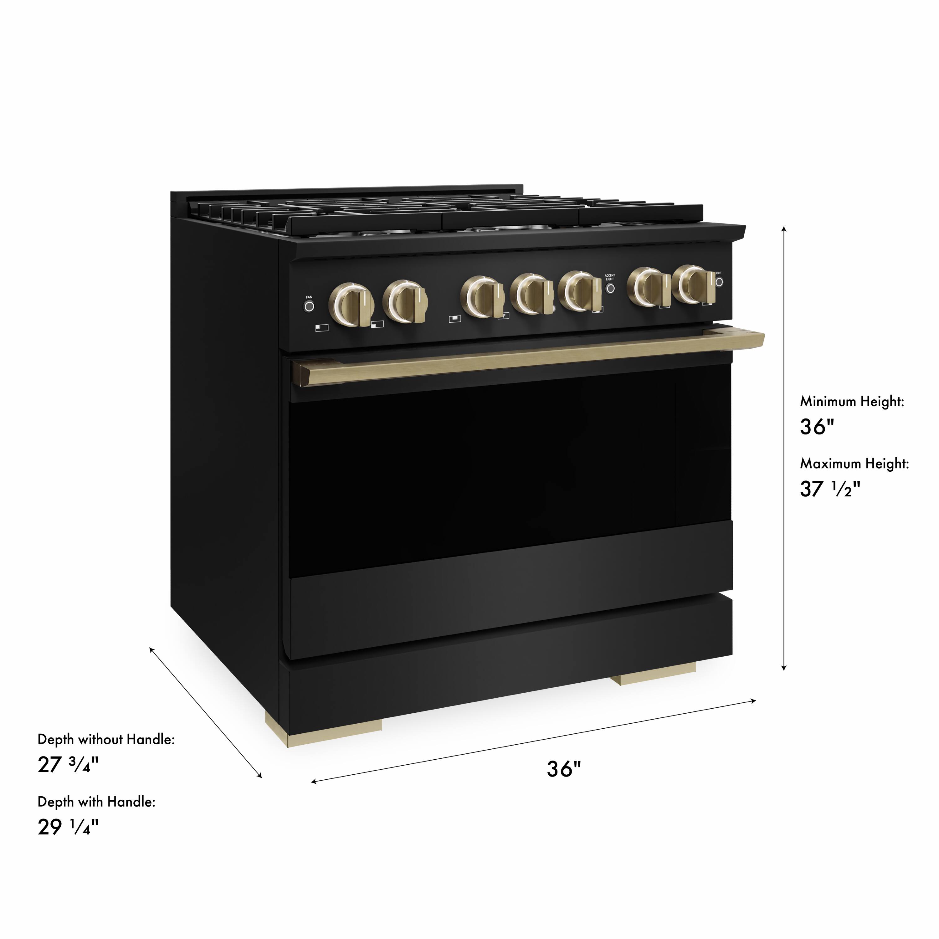 Minimum Height: 36"  
Maximum Height: 37 1/2"  
Depth without Handle: 27 3/4"  
Depth with Handle: 29 1/4"