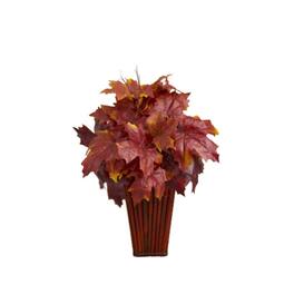 BreeBe - 19" Autumn Maple Leaf Artificial Plant in Decorative Planter - Burgundy