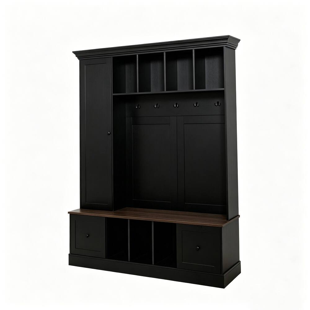 Alt View 6. Loheer - Loheer farmhouse hall tree with shoe storage bench, 62.2 inch wide entryway coat rack - Black.