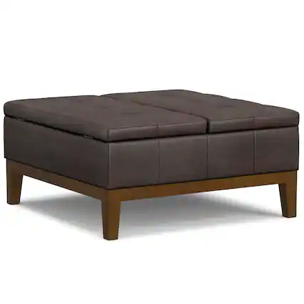Front. Simpli Home - Dover 36 inch Contemporary Square Lift Top Coffee Table Storage Ottoman in Distressed Brown Vegan Faux Leather,Assembled - Distressed Brown.