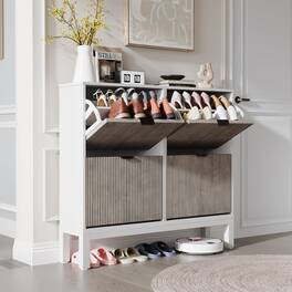 Babevy - Fluted Shoe Cabinet with 4 Flip Drawers, Slim Hidden Shoe Storage Organizer with Metal Legs for Entryway - White & gray