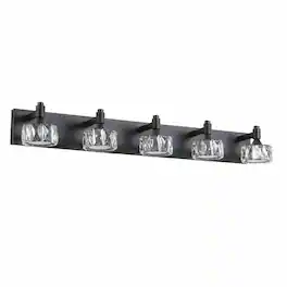 RYHNUYNE - Modern 5‑Light LED Vanity Light,Crystal Glass Shade Bathroom Wall Sconce,Wall Mount Vanity Lighting - Black