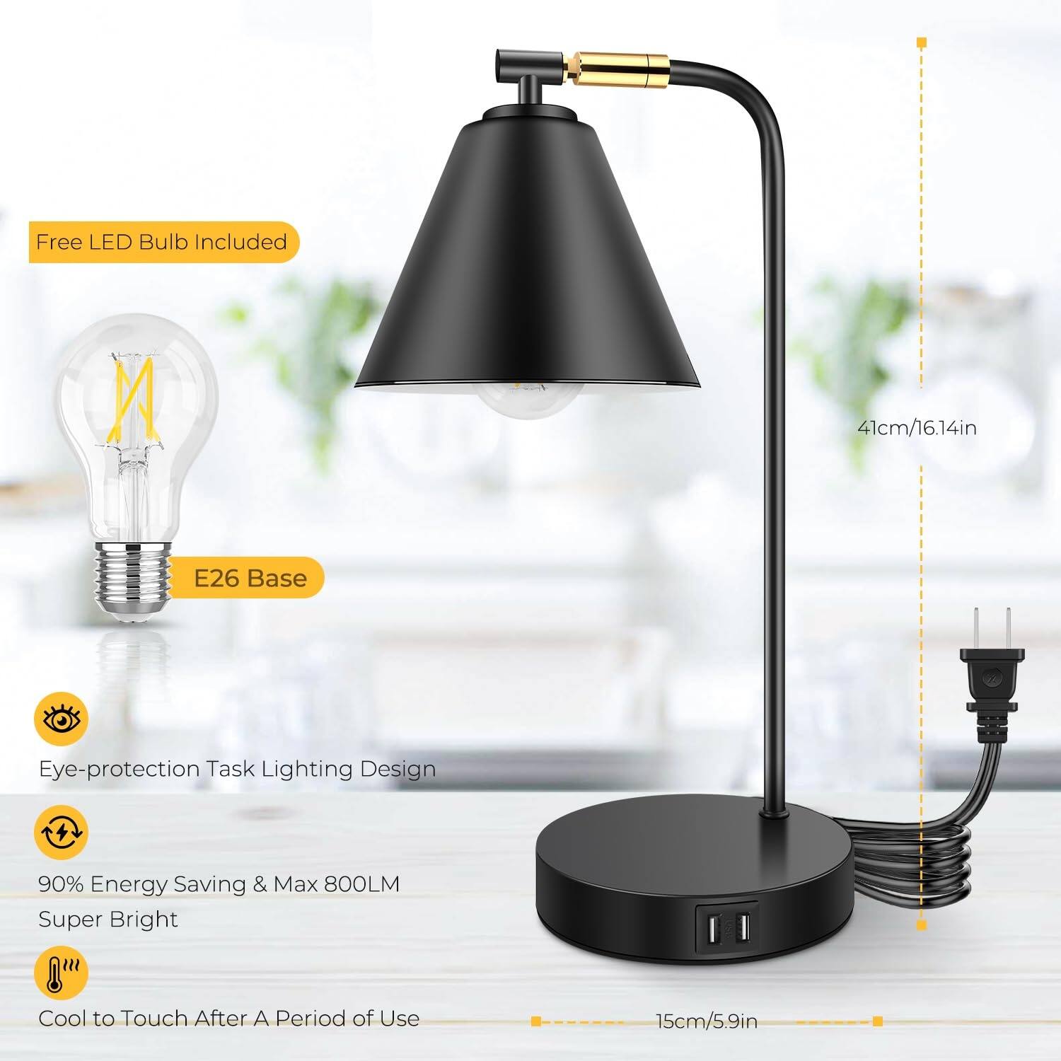 Free LED Bulb Included  
41cm/16.14in E26 Base  
Eye-protection Task Lighting Design  
90% Energy Saving & Max 800LM Super Bright  
Cool to Touch After A Period of Use  
15cm/5.9in