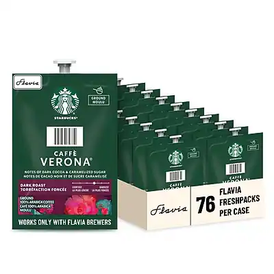 **Caffè Verona**
Ground Coffee
Notes of Dark Cocoa and Caramelized Sugar
Dark Roast
100% Arabica Coffee
Works Only with Flavia Brewers
**Flavia**
76 Freshpacks per Case
**Notes de Cacao Nour et de Sucre Caramélisé**
Torréfaction Foncée
Café 100% Arabica
Conserver au Sec et à Température Ambiante