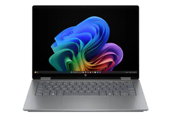 Front. HP - HP OmniBook X Laptop Computer 14" 2K Touch Screen AMD Ryzen AI 7 16 GB - Meteor silver aluminum.