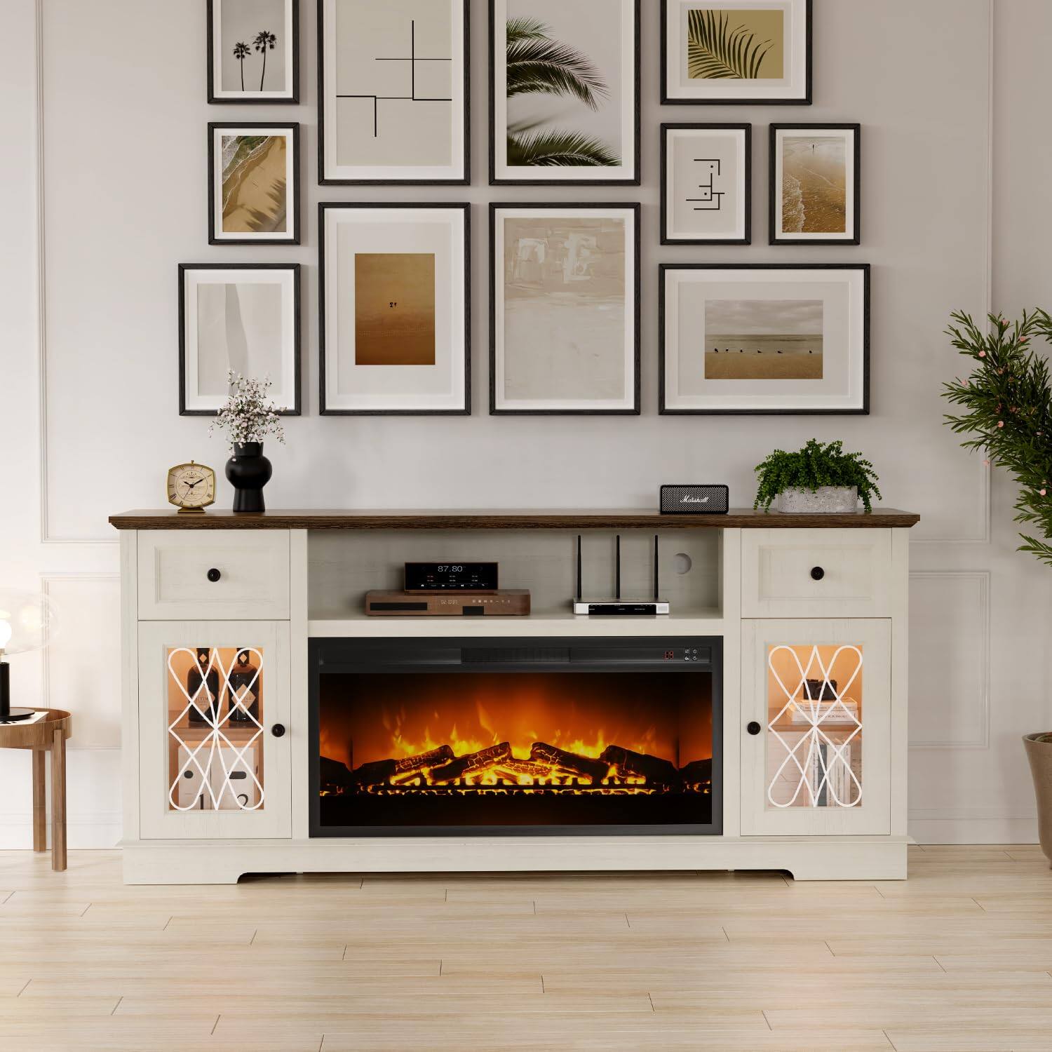 Alt View 2. Dyonery - Fireplace TV Stand for 80 Inch TV, Farmhouse Entertainment Center with 36" Fireplace & LED Lights - White.