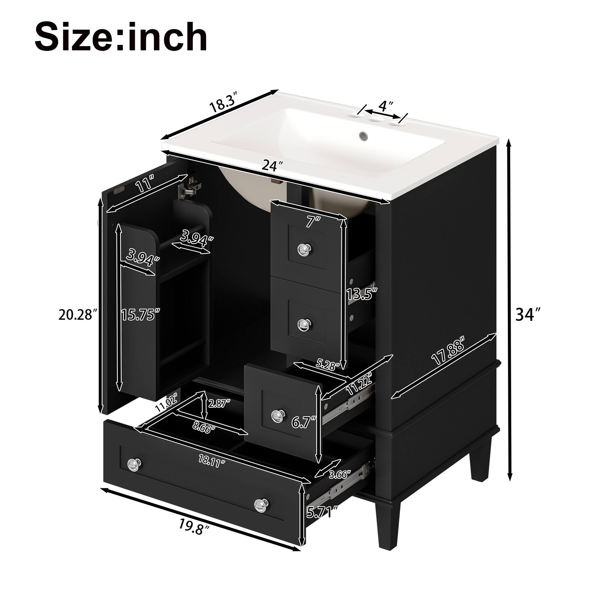 Size: inch  
18.3" 4" 11" 24" 20.28" 3.94" 3.94" 15.75" 11.02" 11" 2.87" 8.66" 7" 13.5" 5.28" 11.22" 6.7" 17.88" 34" 18.11" 3.66" 19.8" 5.71"