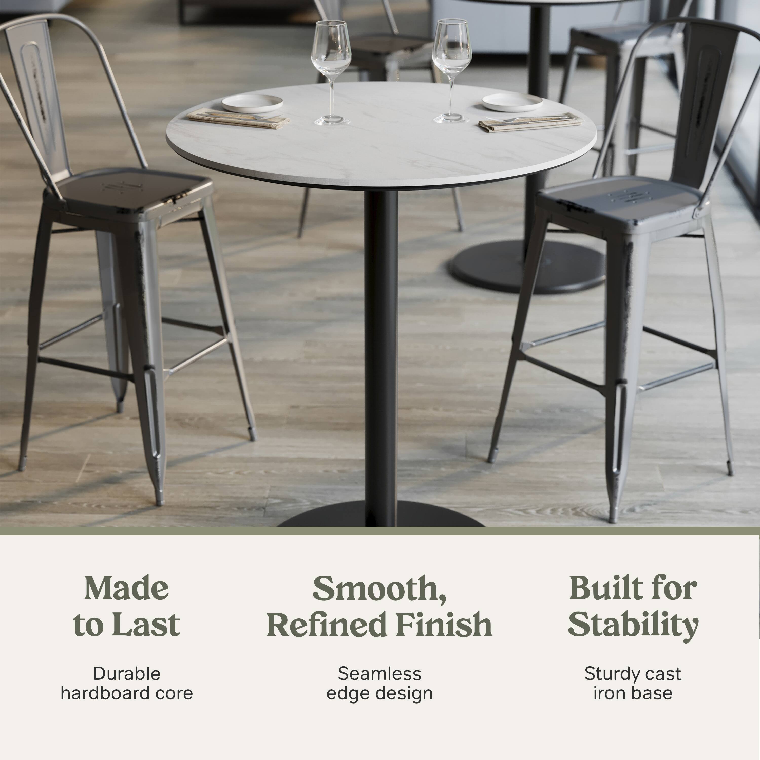 Made to Last  
Durable hardboard core  

Smooth, Refined Finish  
Seamless edge design  

Built for Stability  
Sturdy cast iron base