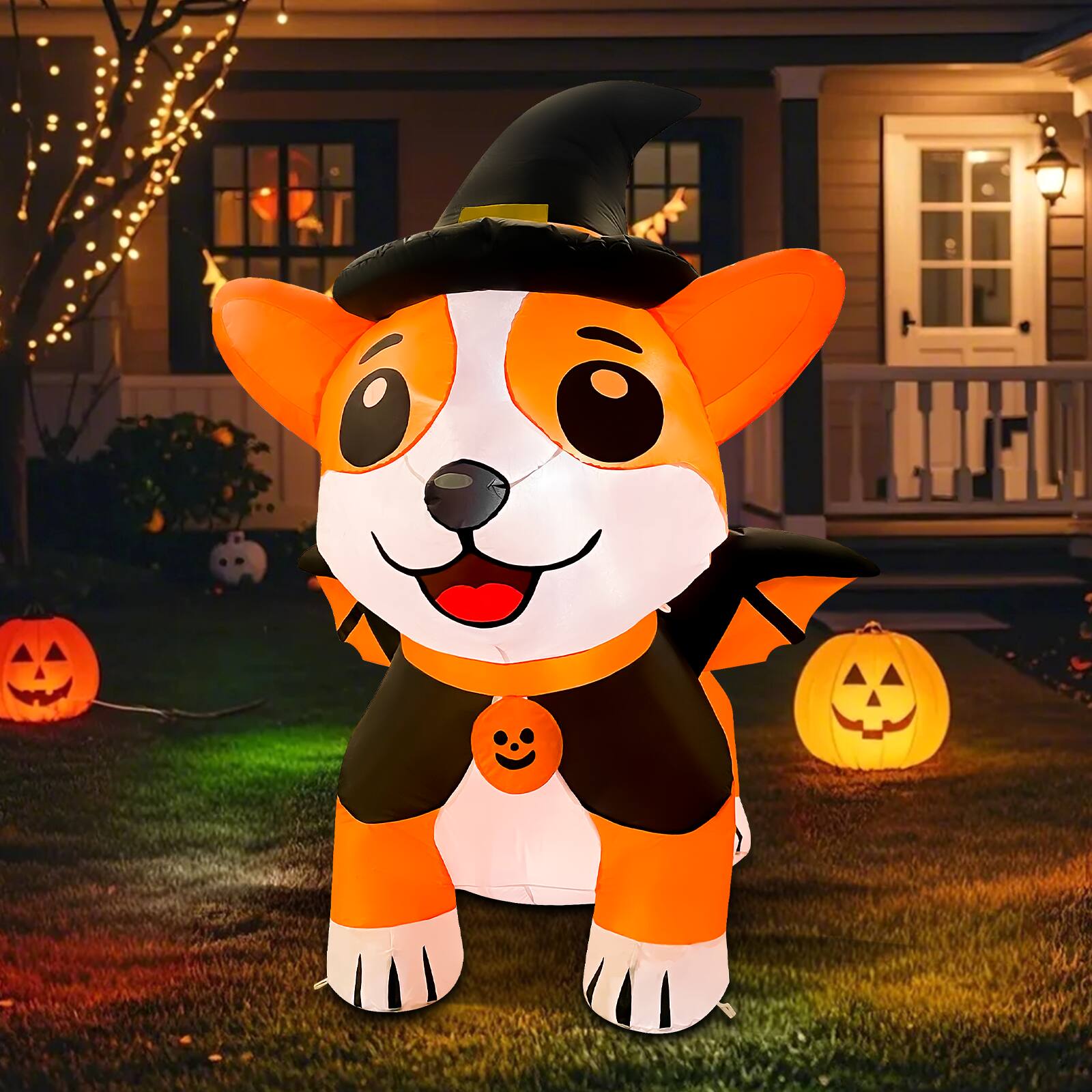 Left. GOOSH Inflatables - GOOSH 5.2FT Inflatable Halloween Dog with Witch Hat and Cape – Light-Up Yard Decoration - Orange.
