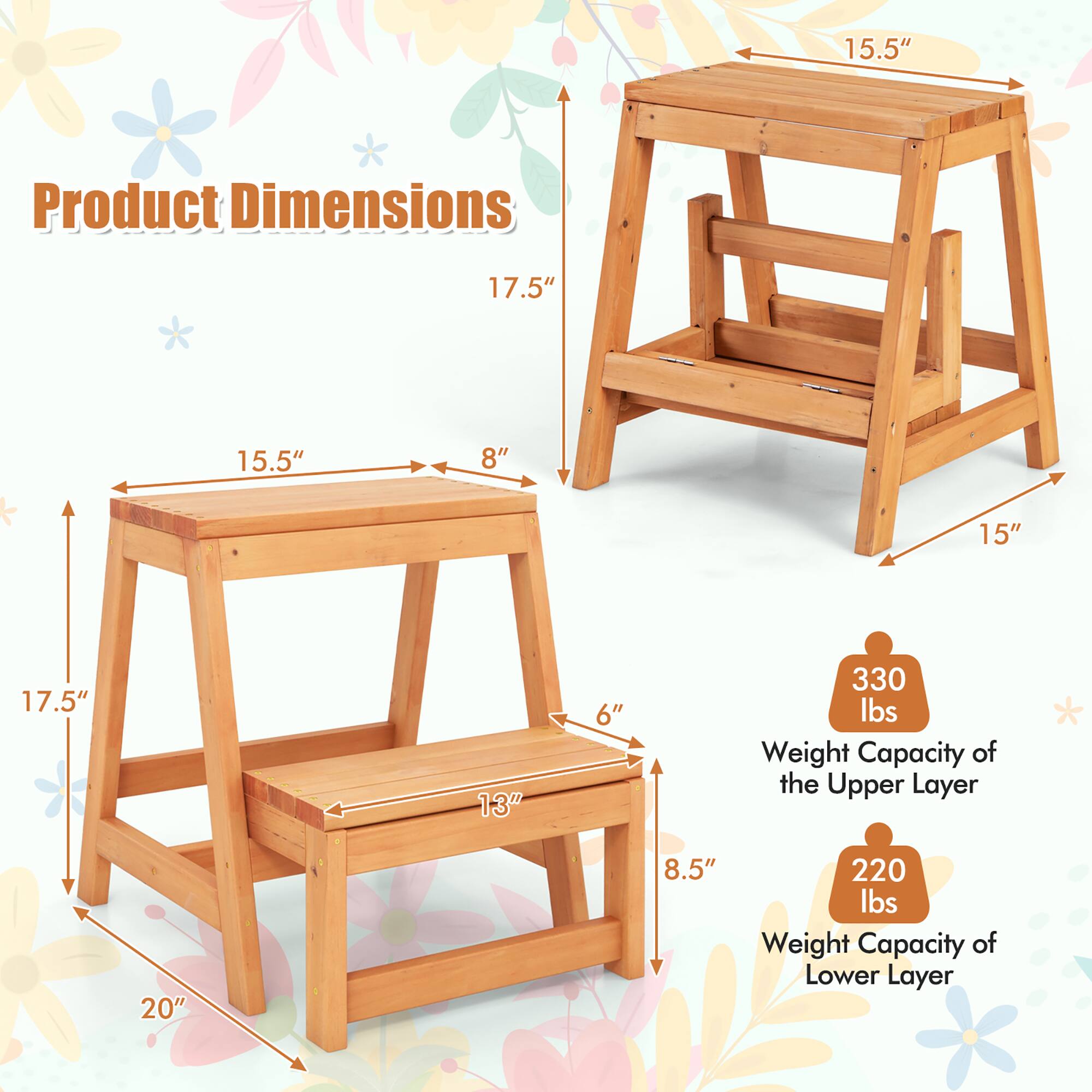 Product Dimensions:
- Length: 17.5"
- Width: 15.5"
- Height: 15"
- Upper Layer: 15.5" (Width) x 8" (Depth)
- Lower Layer: 20" (Width) x 13" (Depth)
- Step Height: 6"
- Step Depth: 8.5"

Weight Capacity:
- Upper Layer: 330 lbs
- Lower Layer: 220 lbs