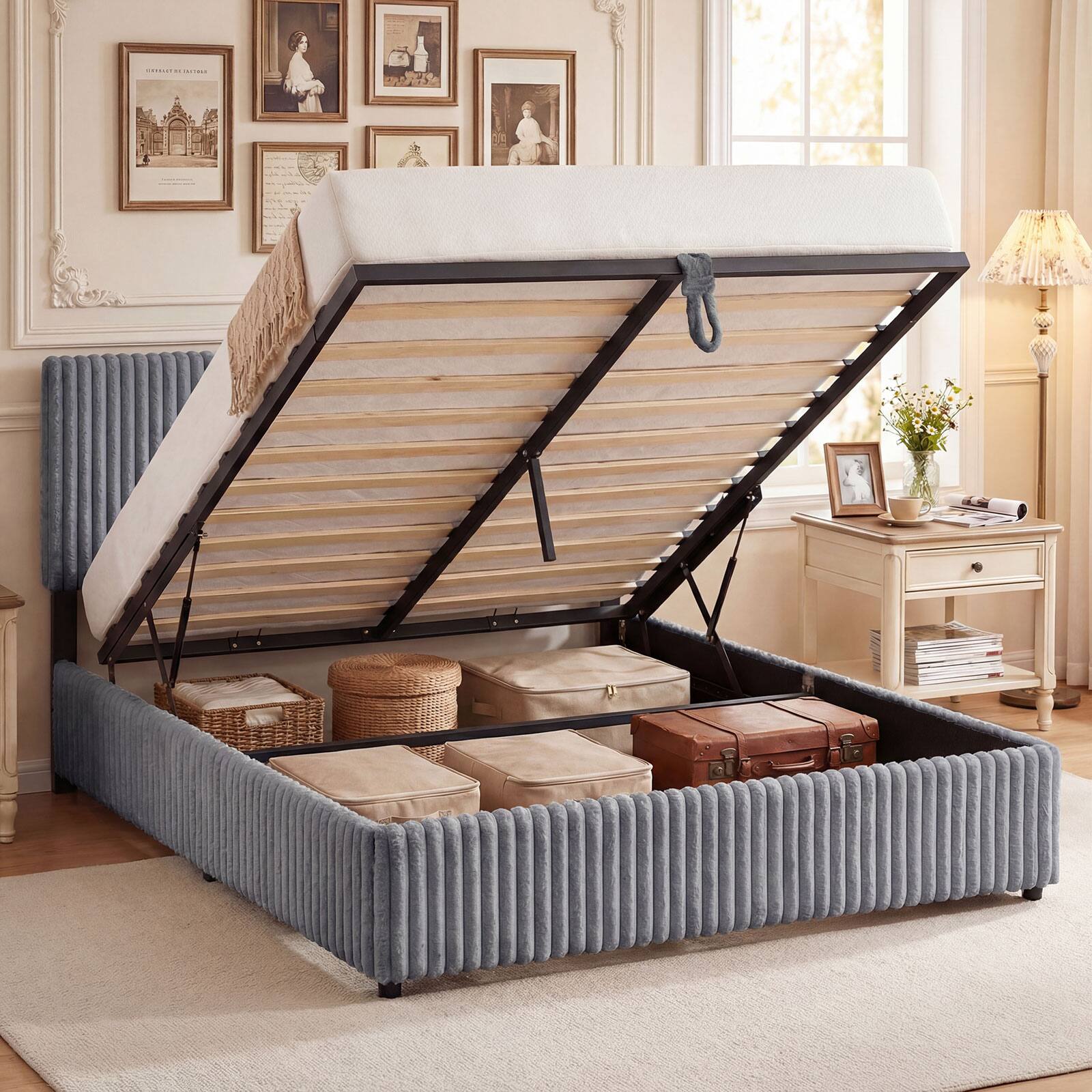 Alt View 9. Gymax - Gymax Queen Size Lift-up Storage Bed w/Hydraulic Lifts Wooden Slat Support Grey - Gray.