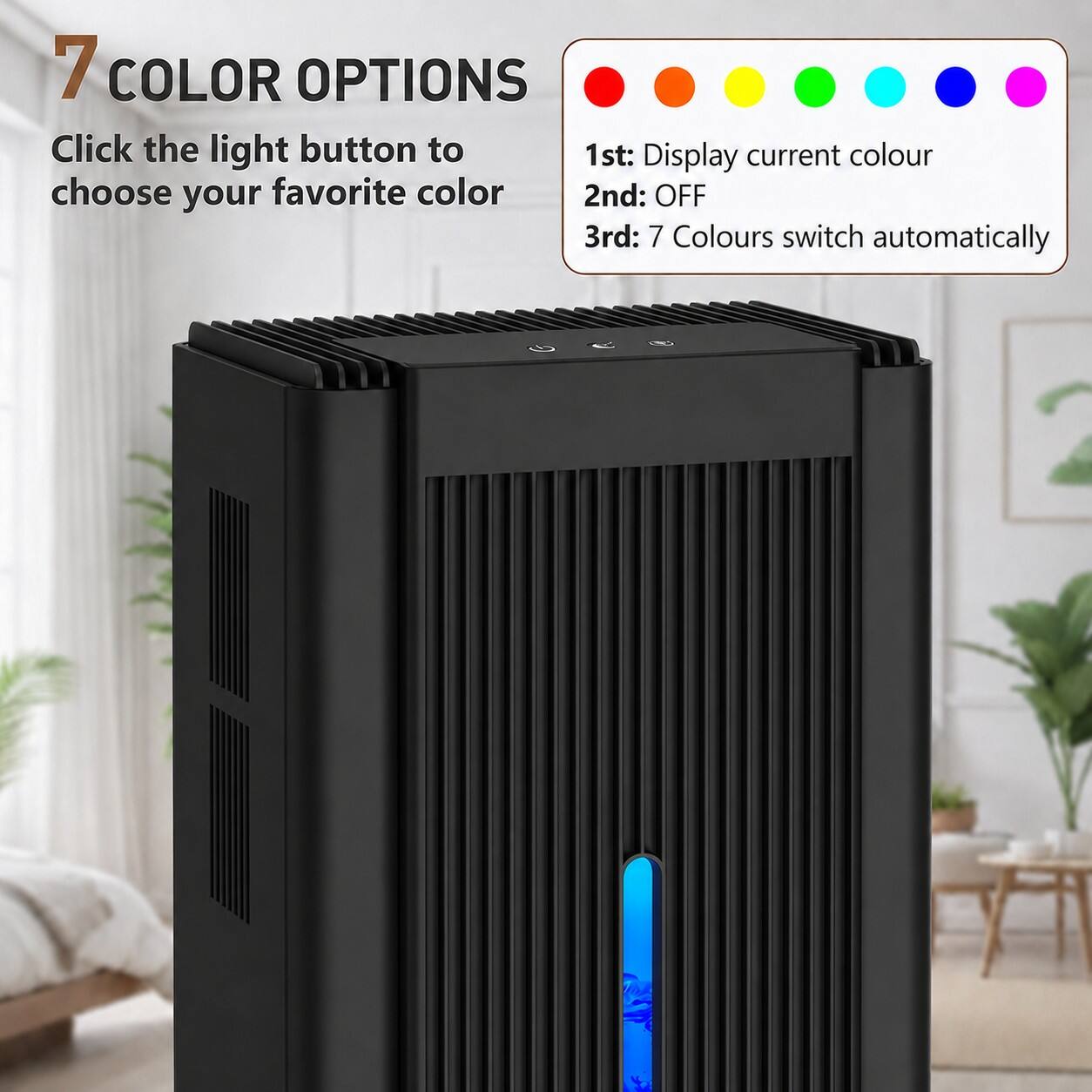 7 COLOR OPTIONS  
Click the light button to choose your favorite color  

1st: Display current colour  
2nd: OFF  
3rd: 7 Colours switch automatically