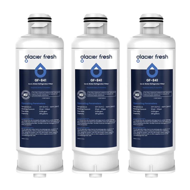 alacier fresh  
alacier fresh  
alacier fresh  
GF-841 Ice & Water Refrigerator Filter Replace every 6 months  
GF-841 Ice & Water Refrigerator Filter Replace every 6 months  
GF-841 Ice & Water Refrigerator Filter Replace every months  
NSF  
NO NSF WS Standard requirements COMPONENT  
NSF  
ANSI COMPONENT  
and  
NSF  
lested PANSI COMPONENT  
Operating Parameters Temperature 33F (0.6C) 100% (30C) Working Pressure 30 psi 100ps Flow Rate 0.528 gpm Capacity 200 gallons  
Operating Parameters Temperature 33F (0.8C) 100F (30C) Working Pressure 30 psi 100psi Flow Rate 0.528 gpm Capacity 200 gallons  
Operating Parameters Temperature 33F (0.6C) 100F (38C) Working Pressure 30 psi 100psi Flow Rate 0.528 gpm Capacity 200 gallons  
the risk property damage to water read and follow the and user the