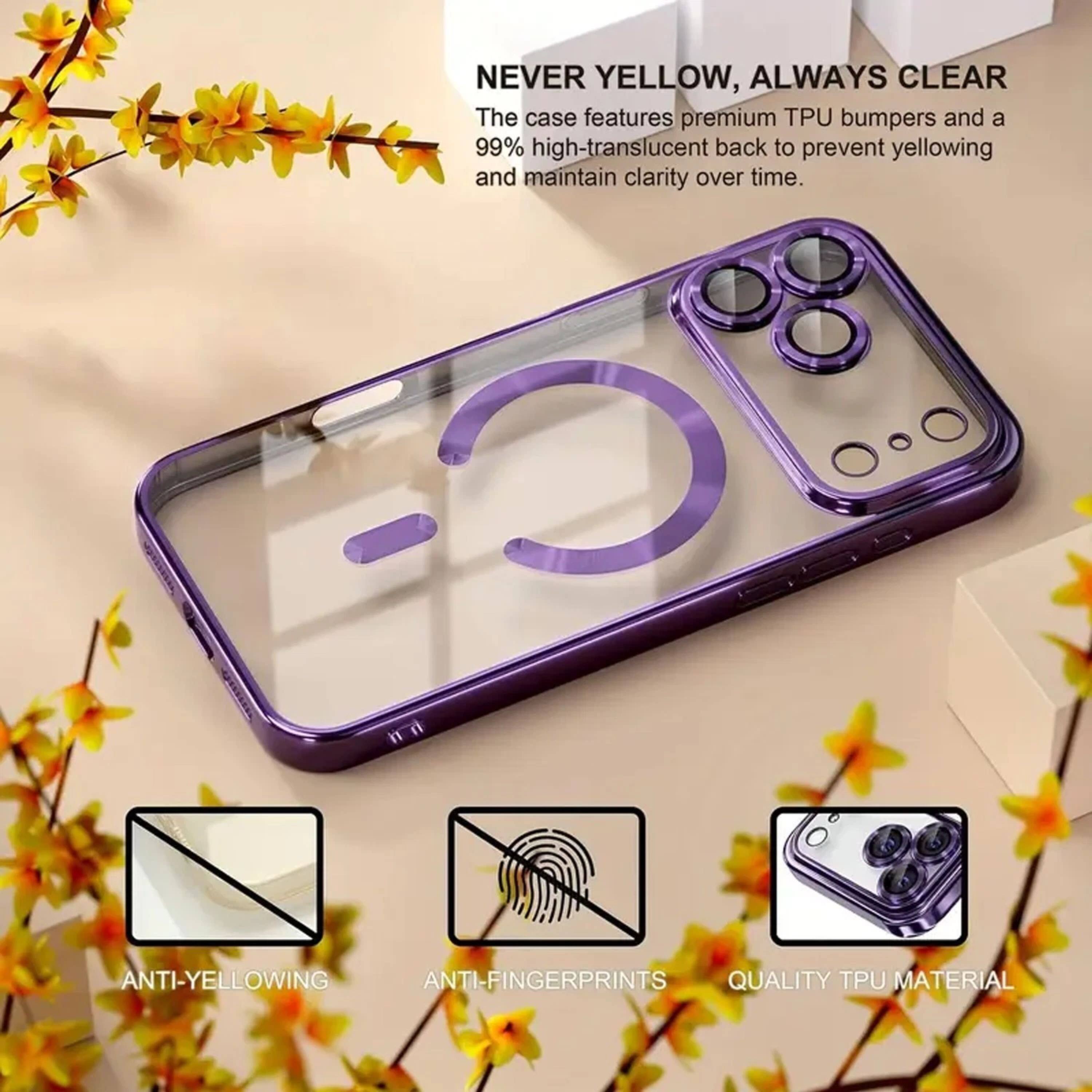 NEVER YELLOW, ALWAYS CLEAR  
The case features premium TPU bumpers and a 99% high-translucent back to prevent yellowing and maintain clarity over time.  

ANTI-YELLOWING  
ANTI-FINGERPRINTS  
QUALITY TPU MATERIAL