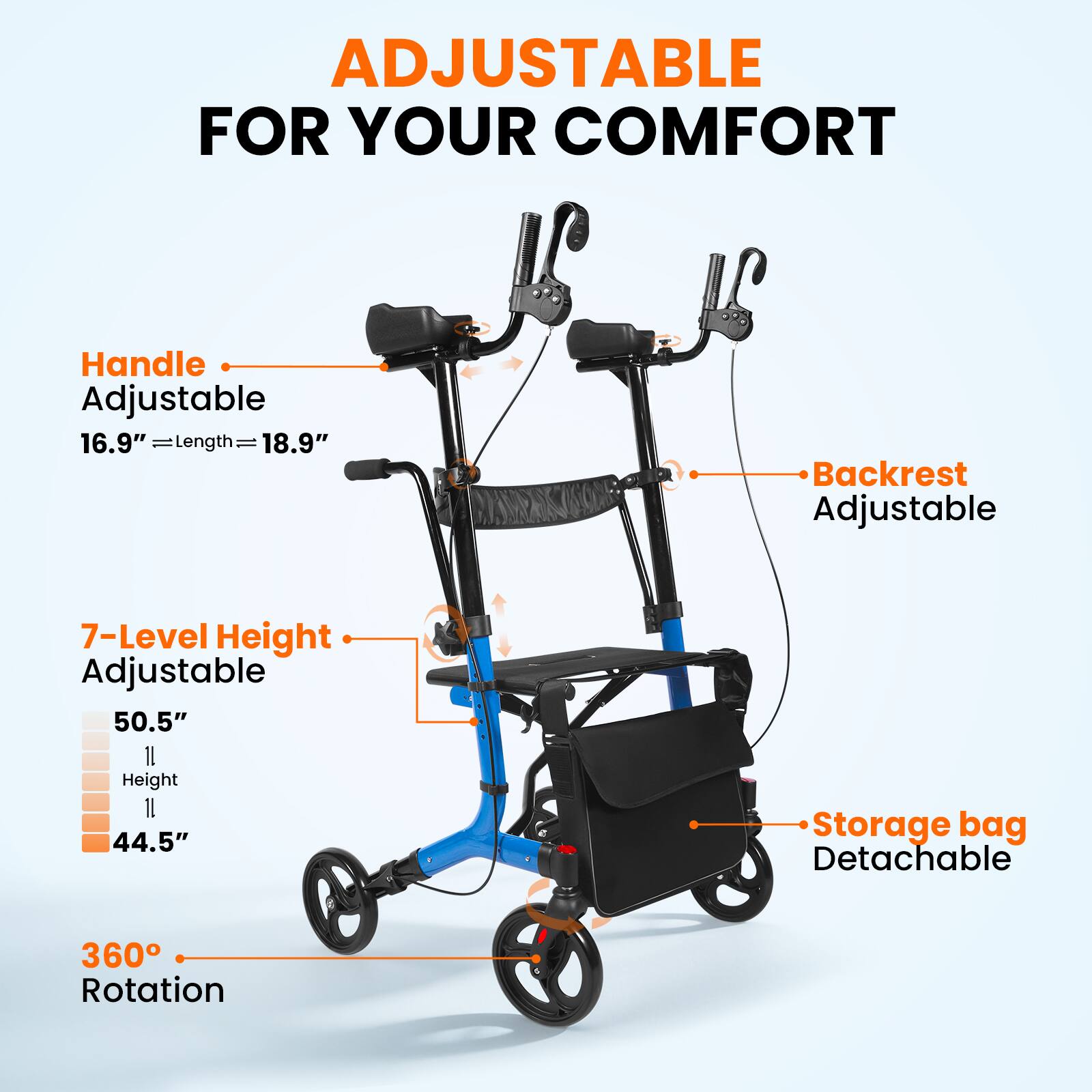 ADJUSTABLE FOR YOUR COMFORT

- Handle Adjustable
  - Length: 16.9" - 18.9"

- Backrest Adjustable

- 7-Level Height Adjustable
  - Height: 50.5" - 44.5"

- Storage bag Detachable

- 360° Rotation