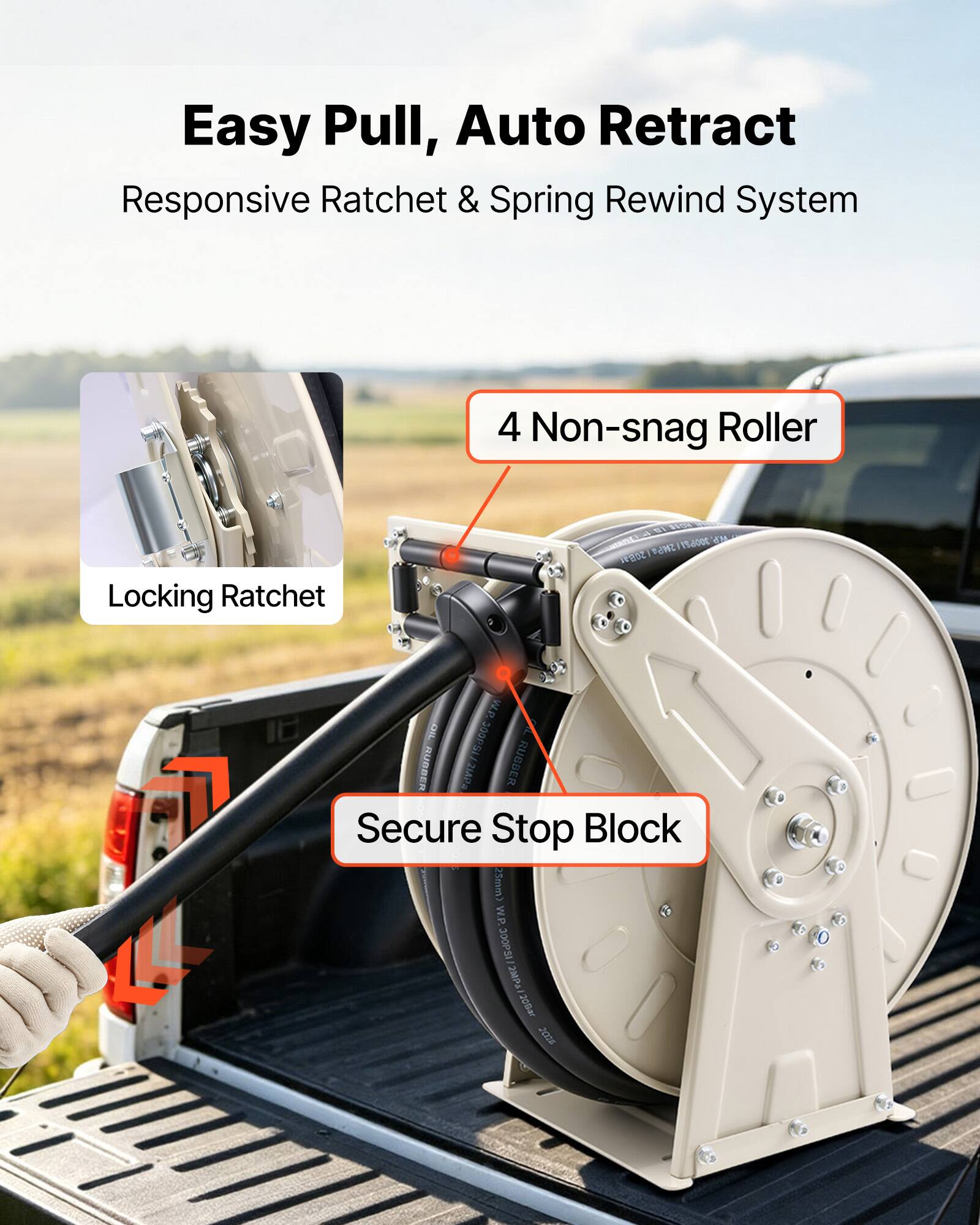Easy Pull, Auto Retract Responsive Ratchet & Spring Rewind System  
4 Non-snag Roller Locking Ratchet  
Secure Stop Block