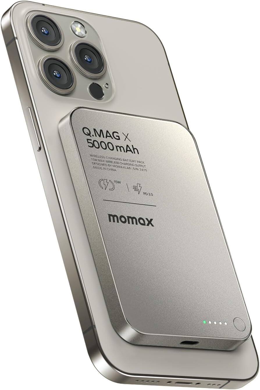 Momax - Ultra-Thin Magnetic Power Bank 5000mAh 20W Fast Charging Aluminum & Glass Design - Titanium Gold