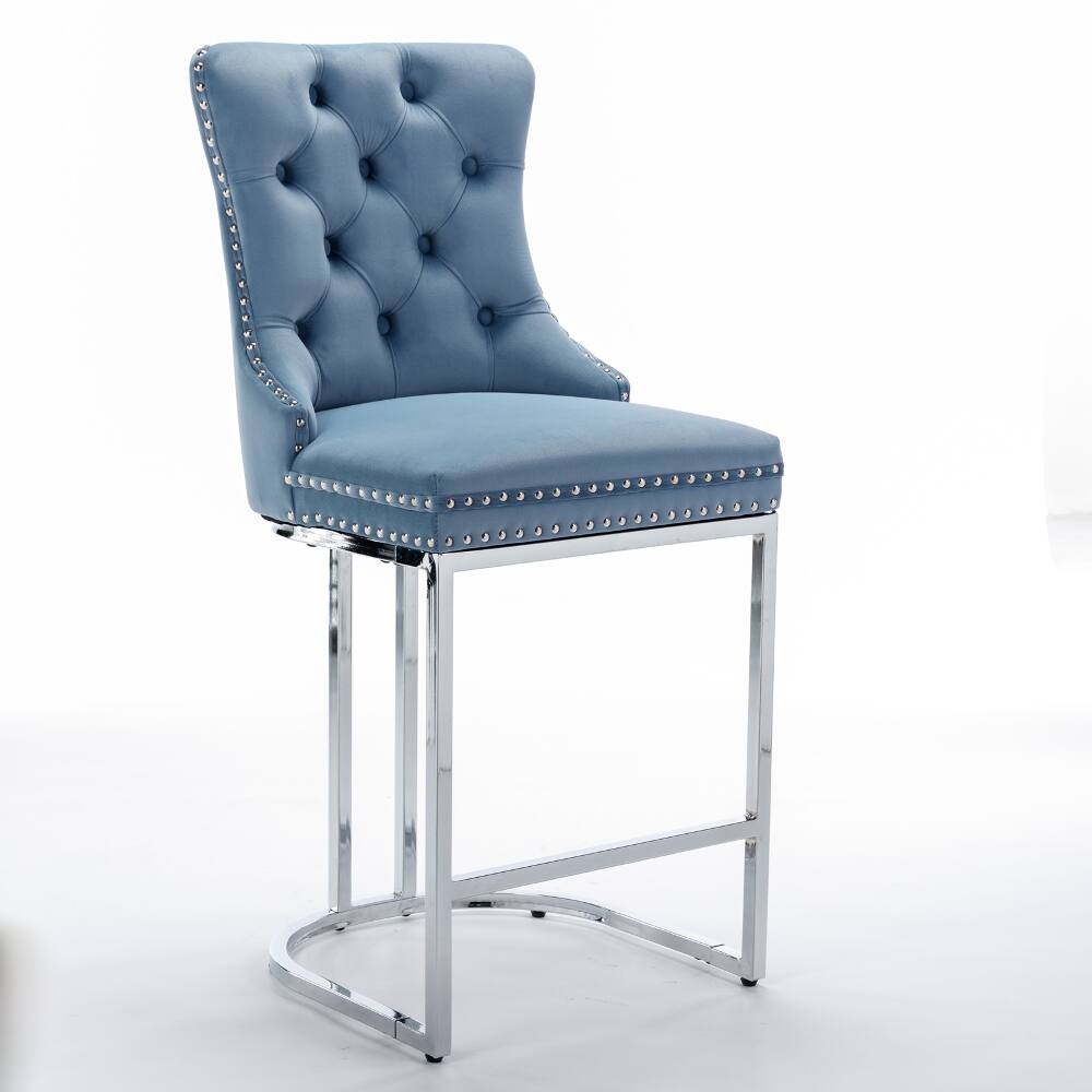 Left. Loheer - Loheer 26 Inch Counter Height Bar Stools Set of 2 Light Blue Velvet Kitchen Island Chairs with Chromed Metal Base - Light Blue.