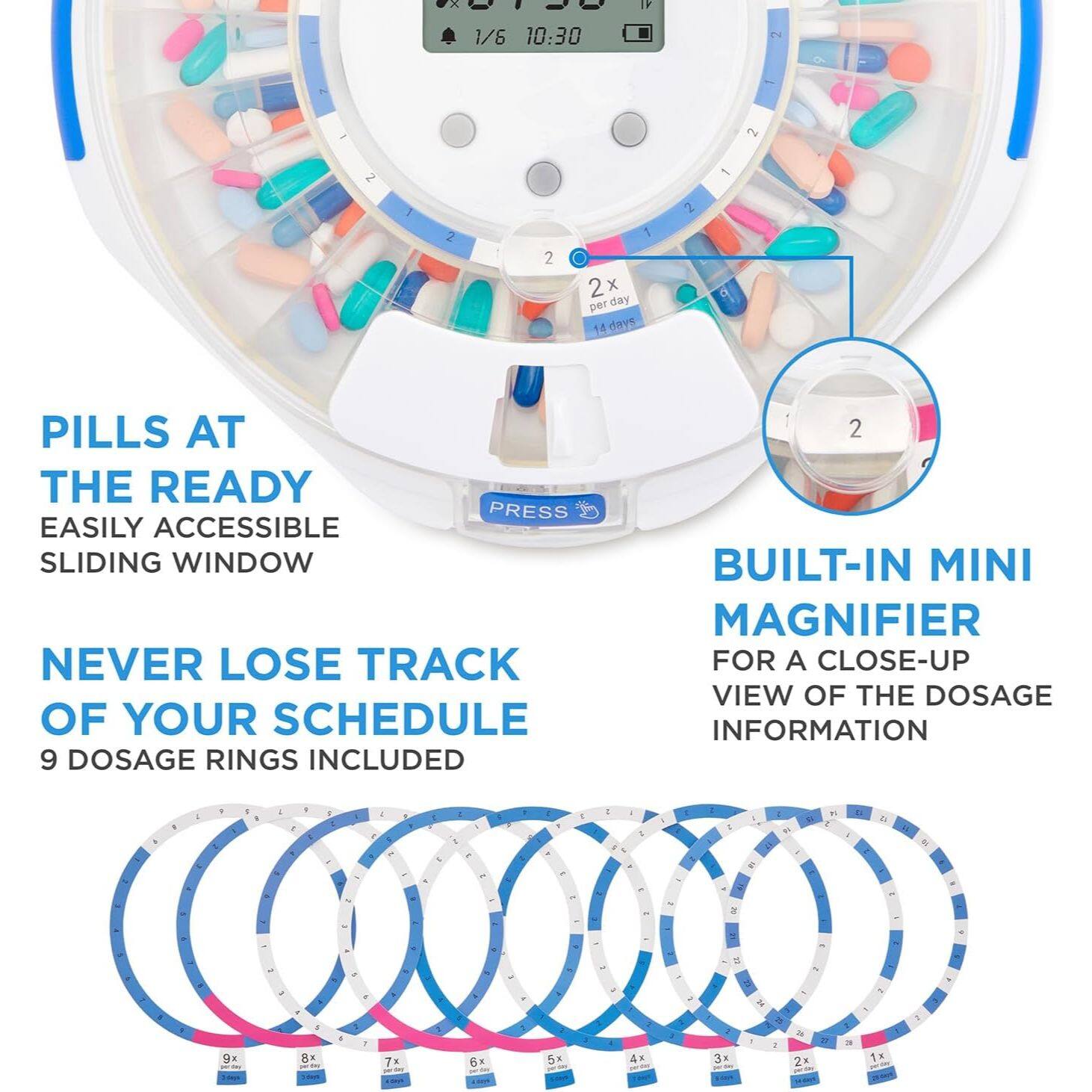 - X - E IF 1/6 10:30 2 2 2 - 2 2 1 2x x per day 14 days 2 a PILLS AT THE READY EASILY ACCESSIBLE SLIDING WINDOW NEVER LOSE TRACK OF YOUR SCHEDULE 9 DOSAGE RINGS INCLUDED 2 BUILT-IN MINI MAGNIFIER FOR A CLOSE-UP VIEW OF THE DOSAGE INFORMATION 9x 8 Tx 6K 5x 4x 3x - 2x 1x
