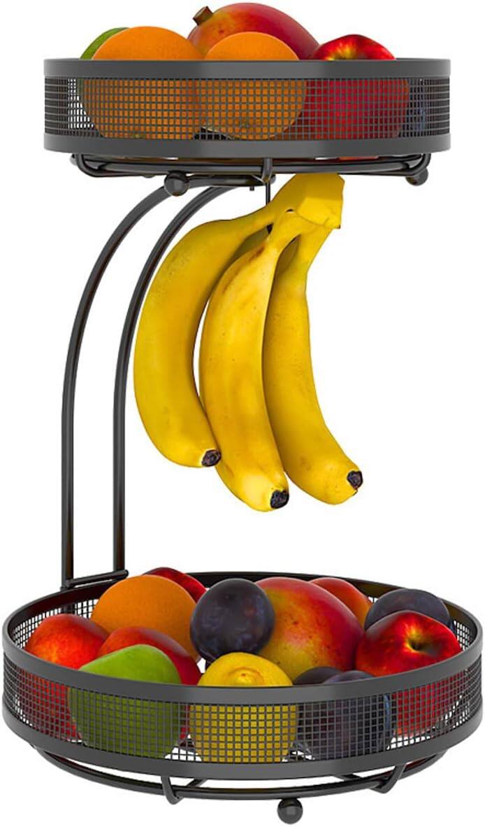 Alt View 4. Adivo - 2-Tier Fruit Basket with Hanging Hooks, Heavy-Duty Metal Countertop Produce Organizer - Black.