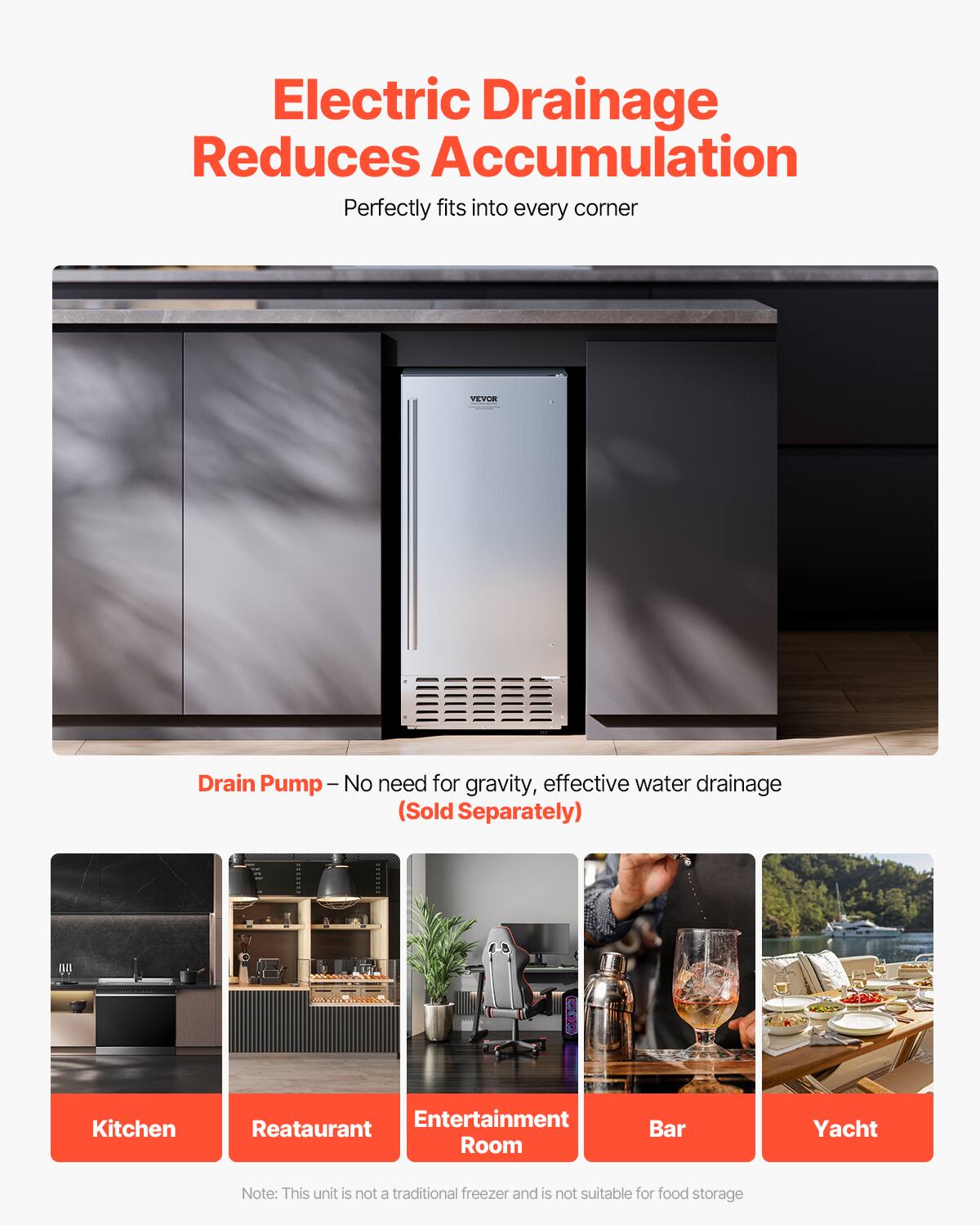 Electric Drainage Reduces Accumulation  
Perfectly fits into every corner  

Drain Pump – No need for gravity, effective water drainage  
(Sold Separately)  

Kitchen  
Restaurant  
Entertainment Room  
Bar  
Yacht  

Note: This unit is not a traditional freezer and is not suitable for food storage