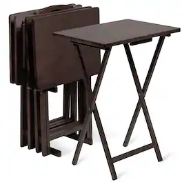 PJ Wood - Folding TV Tray Tables with Compact Storage Rack, 5 Piece Set - Espresso