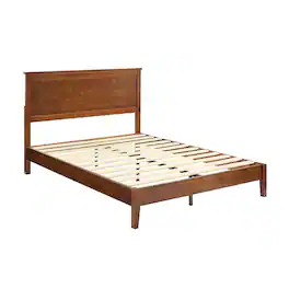 MUSEHOMEINC - Mid Century Modern Solid Pinewood Platform Bed with Headboard, Queen - Walnut