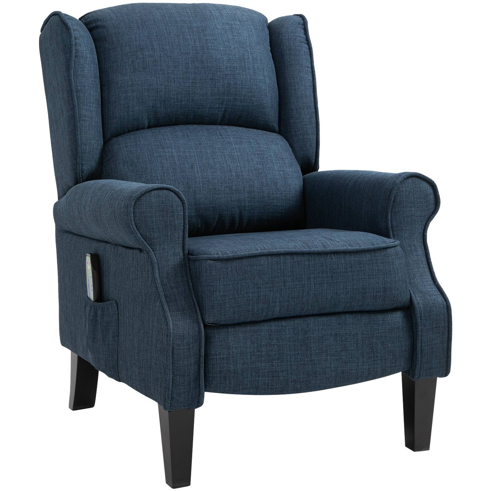Homcom - Heated Massage Recliner: Wingback Linen Sofa w/ Footrest & Pocket, Push-Back Living Room Chair - Blue