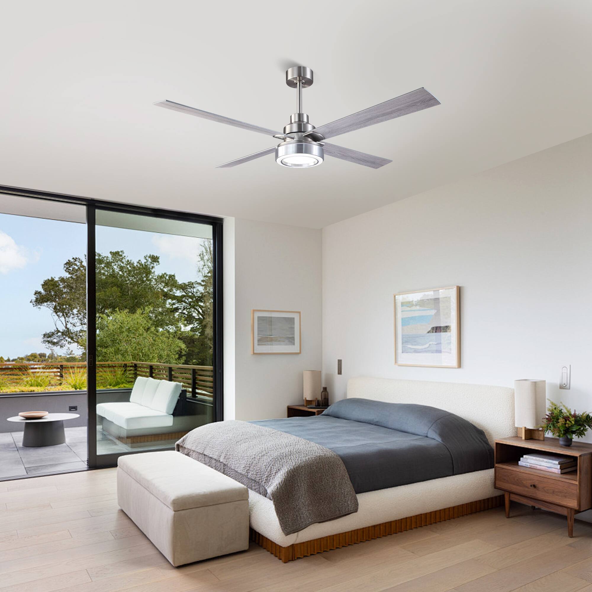 Left. Parrot Uncle - 60" Modern Brushed Nickel Integrated LED Smart Ceiling Fan with Light and App - Sand Nickel.