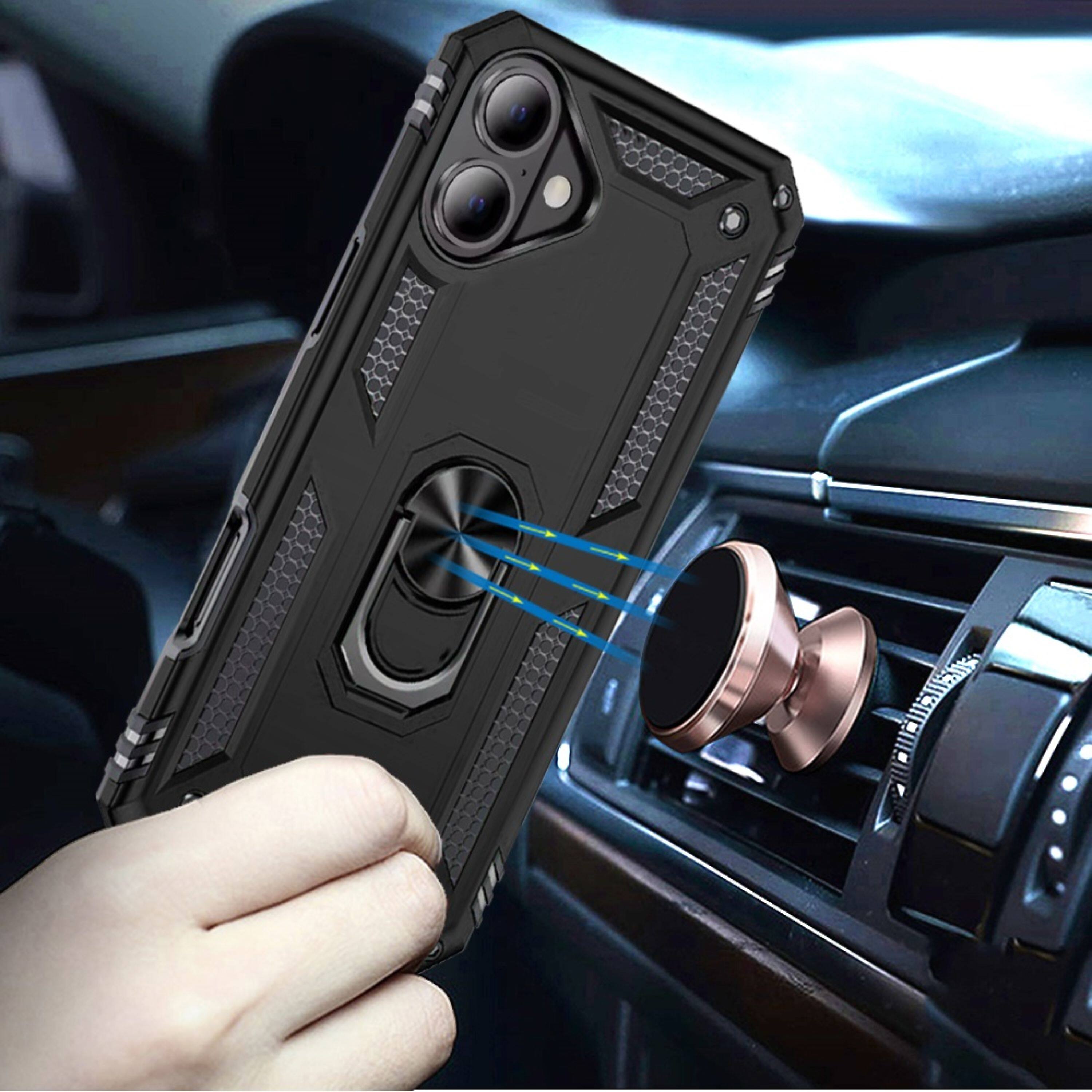 Angle. Kitcheniva - Rugged Metal Ring Kickstand Phone Case With Tempered Glass For iPhone 17 Black - Black.