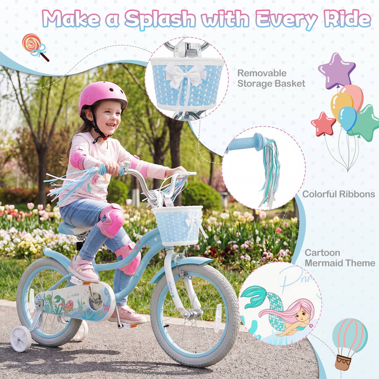 Make a Splash with Every Ride

- Removable Storage Basket
- Colorful Ribbons
- Cartoon Mermaid Theme
