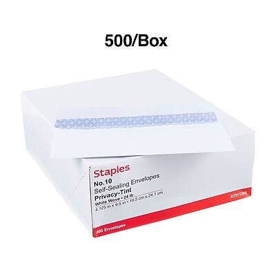 500/Box Staples No. 10 Self-Sealing Privacy-Tint Envelopes  
White Wove  
9.5 in x 4 in (24.1 cm x 10.5 cm)  
125 ST511280  
$0.00