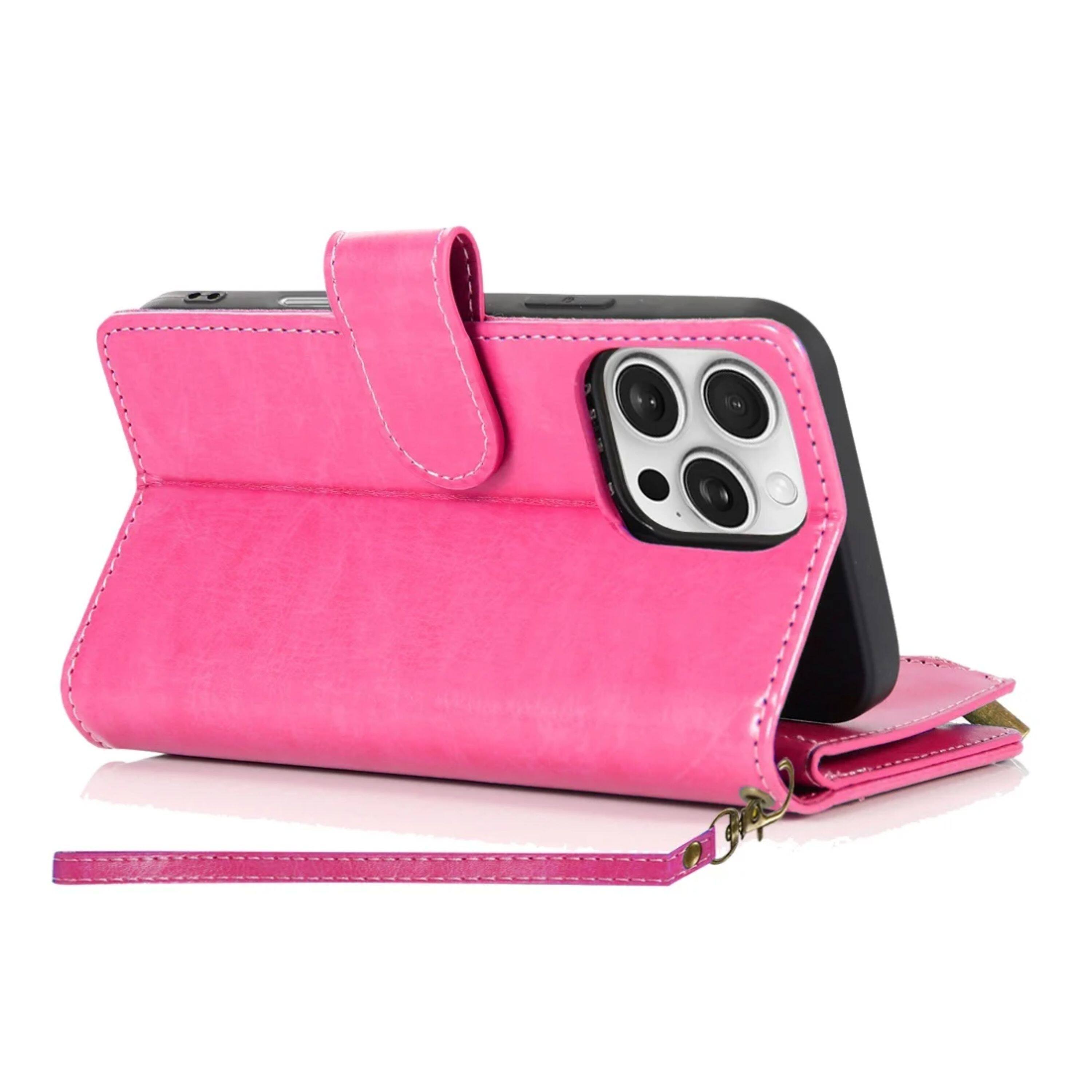 Left. Kitcheniva - PU Leather Phone Wallet Zipper With Tempered Glass For iPhone 16 Pro Max Hot Pink - Hot Pink.