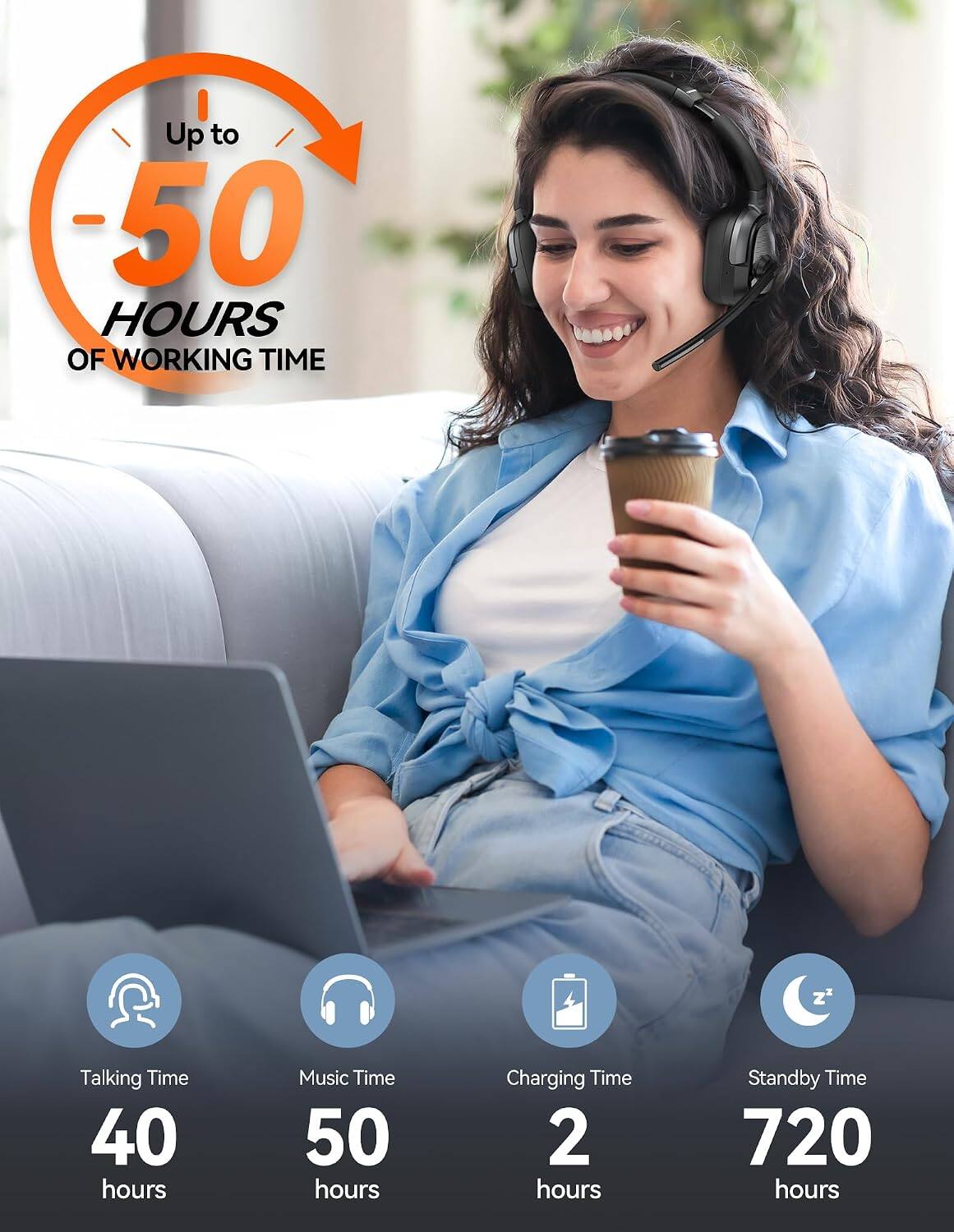 Up to 50 HOURS OF WORKING TIME

Talking Time 40 hours  
Music Time 50 hours  
Charging Time 2 hours  
Standby Time 720 hours