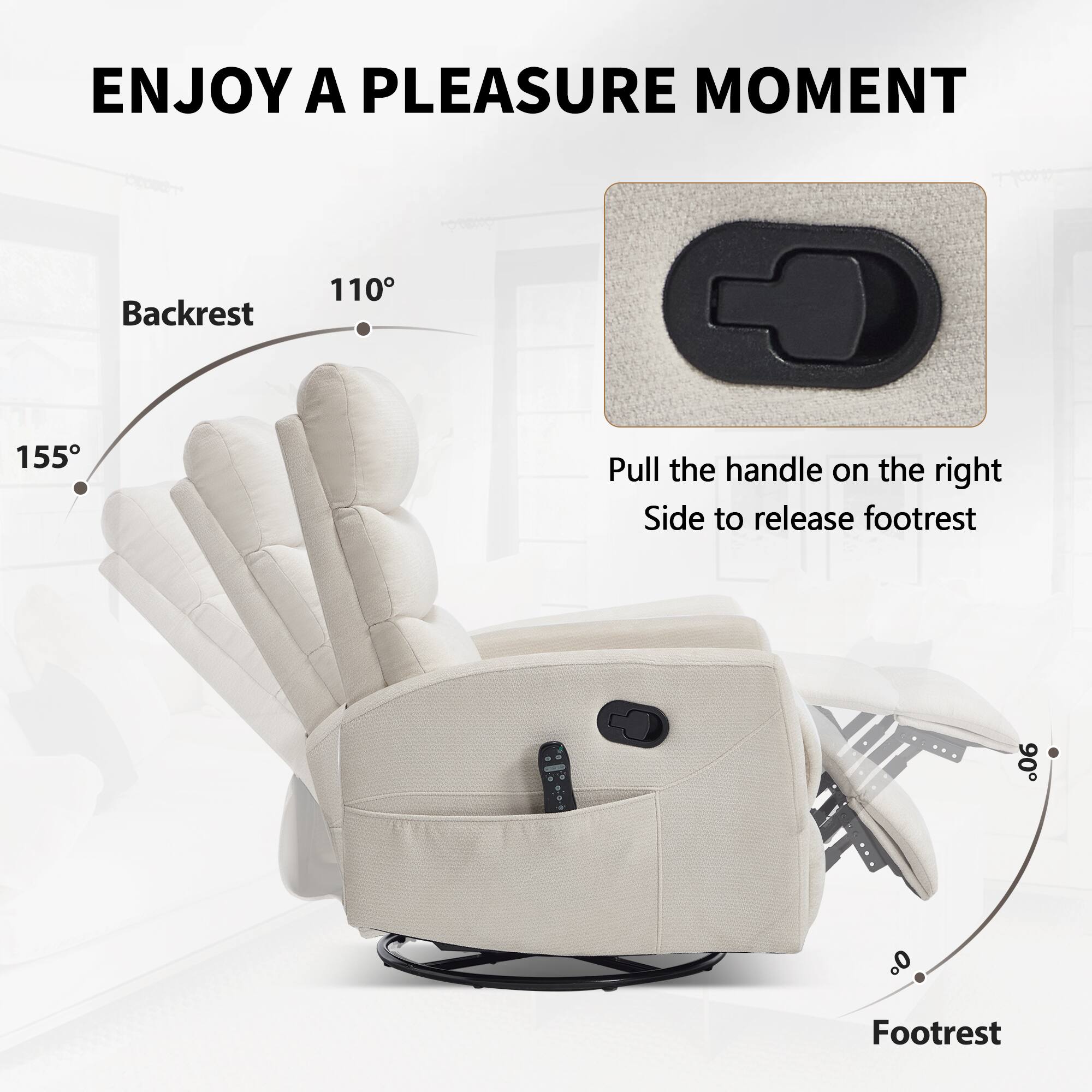 ENJOY A PLEASURE MOMENT

Backrest 110° 155°

Pull the handle on the right side to release footrest

Footrest 0°