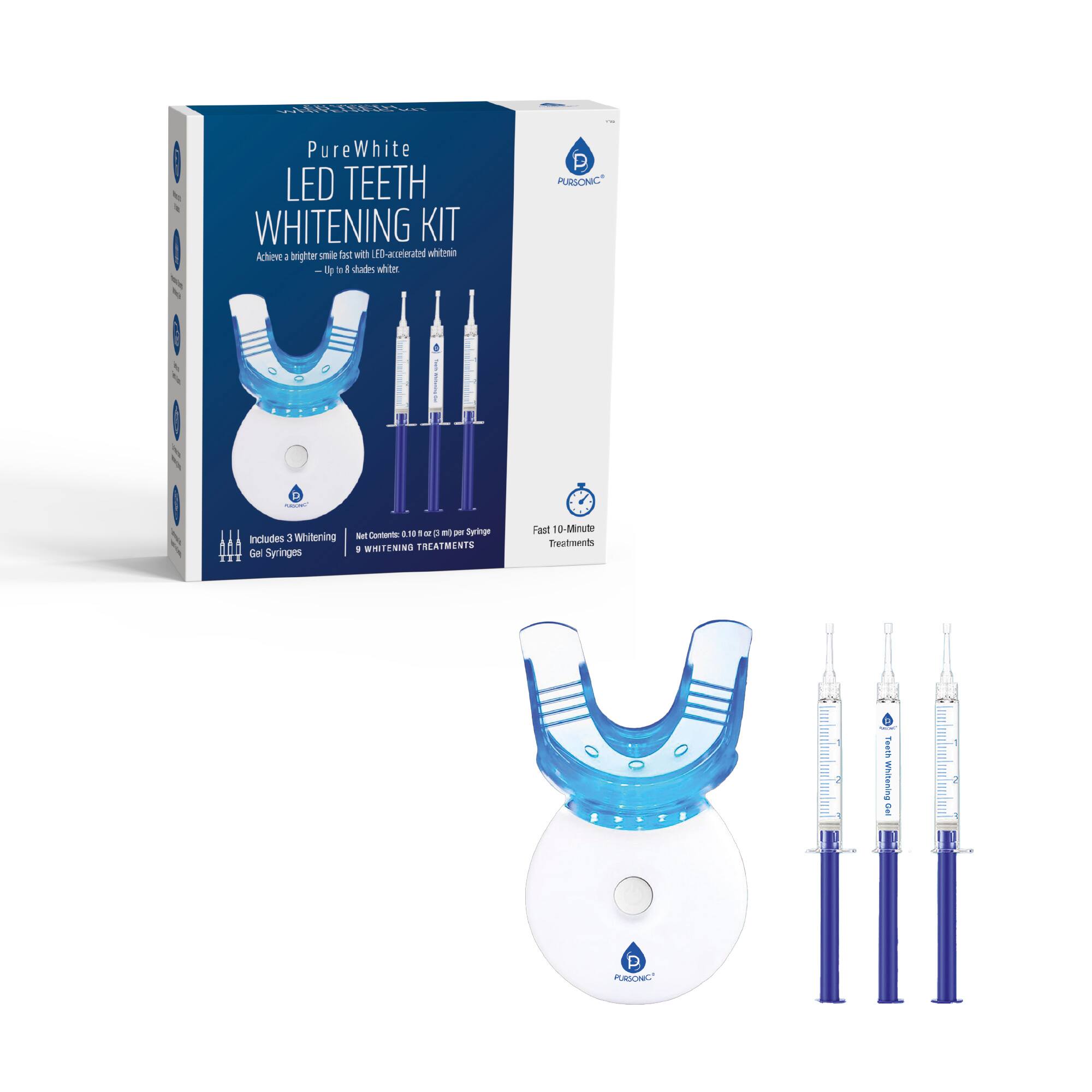 www.facts

PureWhite LED TEETH WHITENING KIT  
Achieve a brighter smile fast with LED-accelerated whitening — Up to 8 shades whiter.

PURSONIC

Whitening Net Contents: 0.10 OR p m) per Syringe  
Includes 3 WHITENING TREATMENTS Gel Syringes  
Fast 10-Minute Treatments  
Teeth Whitening Belt

PURSONIC